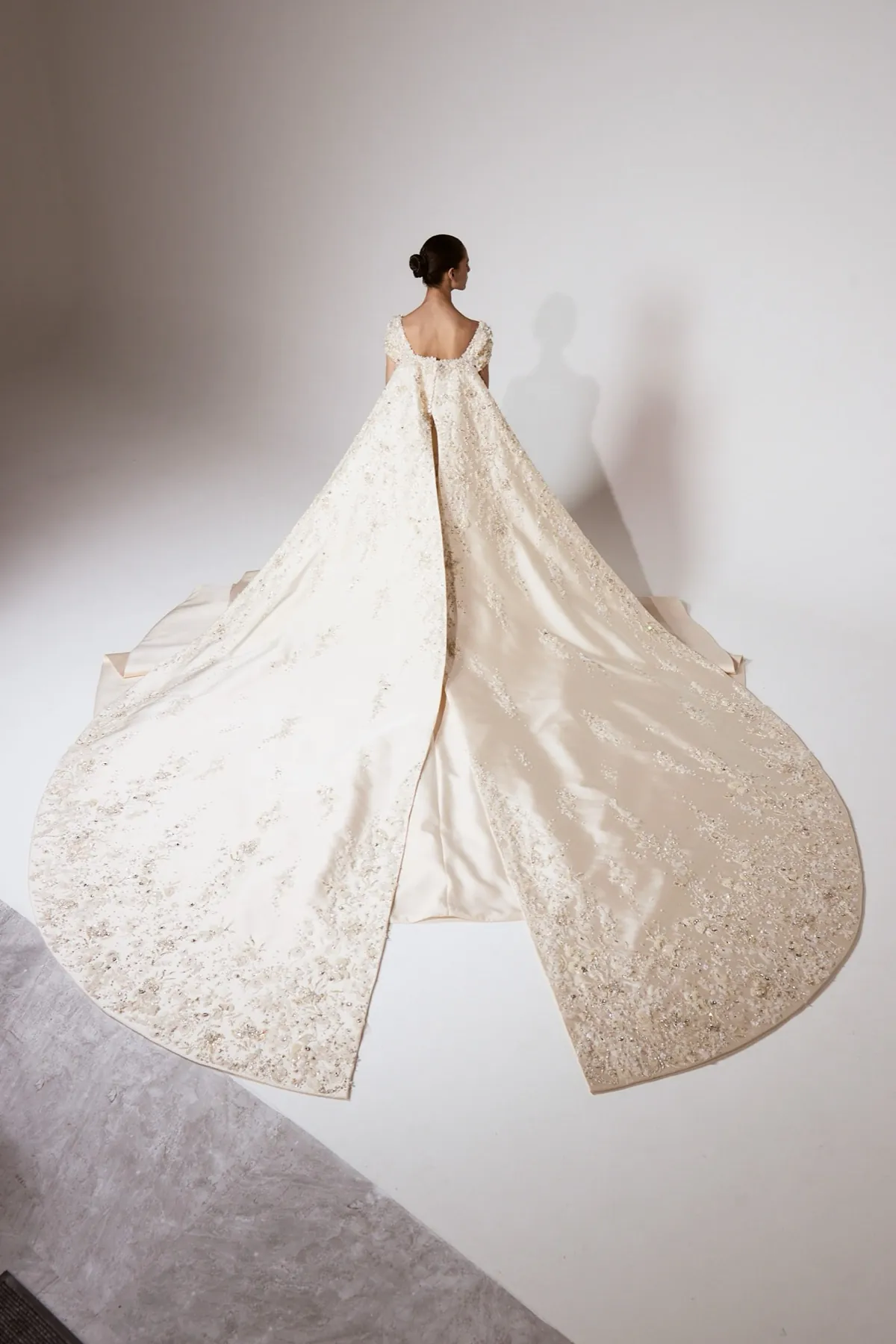 AMAL SAREY gown with fanned, embroidered train